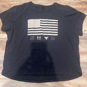 Under Armour Project Rock T Shirt Womens Small Black American Flag Crop Loose